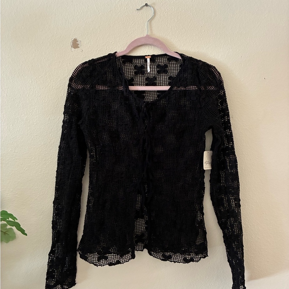 Free People Women’s Julie Knit Black Sheer Lace Cardigan Size XS Crochet Bow Tie - Picture 2 of 8